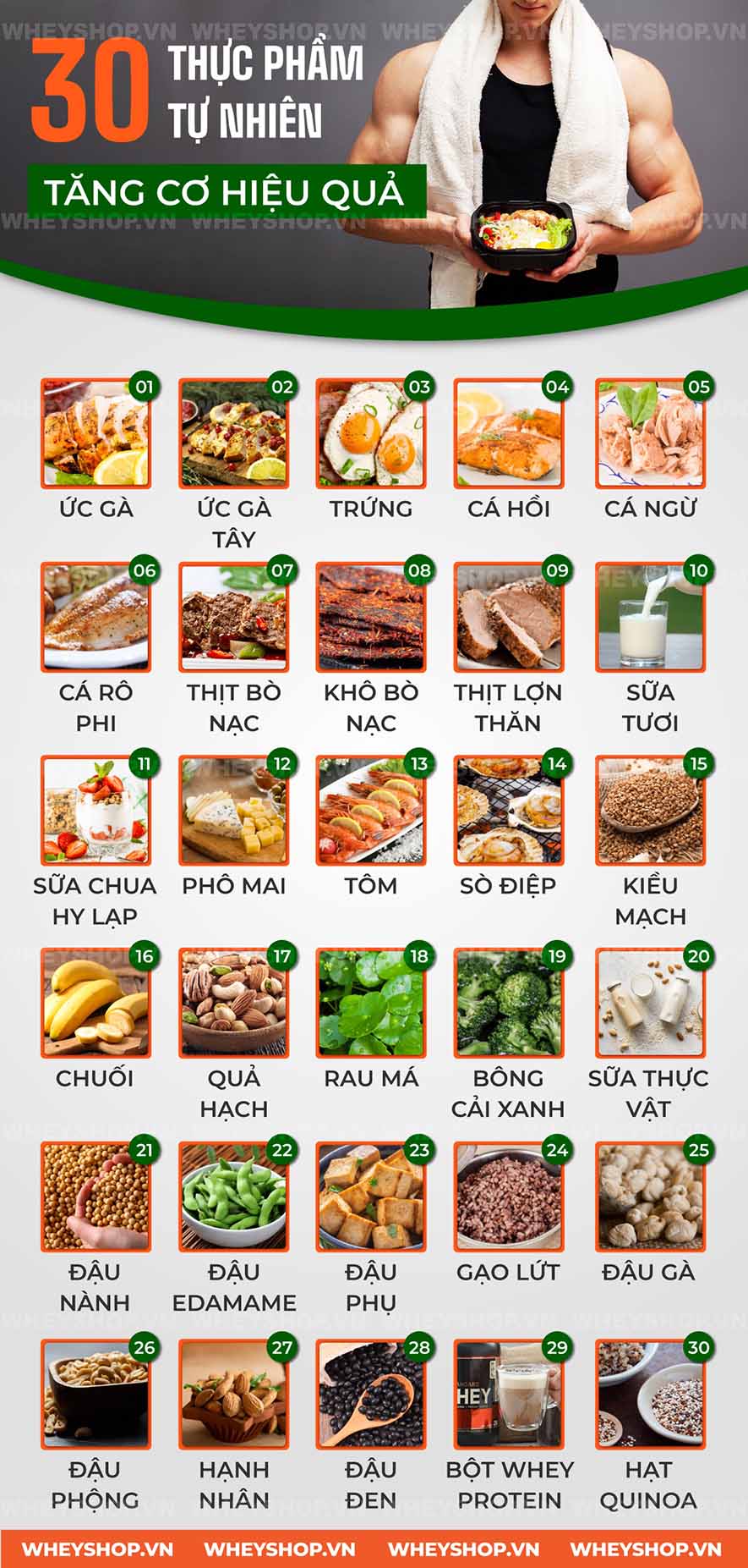Người tập thể hình nào cũng mong muốn tăng cơ, vậy muốn tăng cơ nên ăn gì? Cùng WheyShop tìm hiểu top 30 thực phẩm tự nhiên tăng cơ hiệu quả nhất qua bài viết..