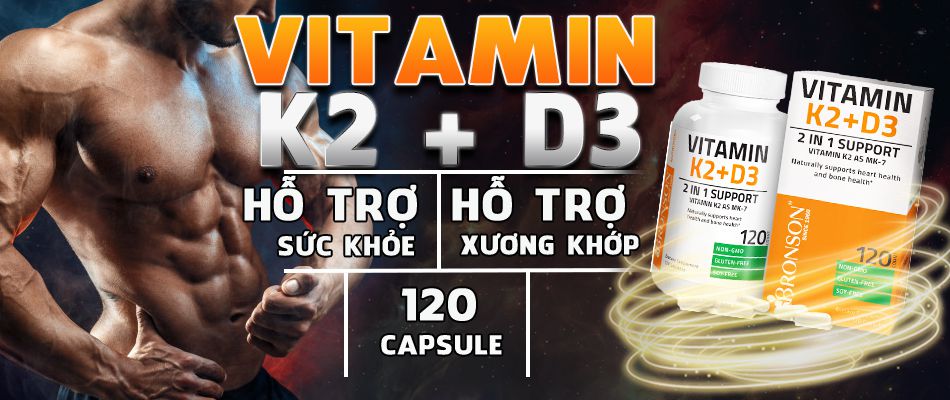 Bronson Vitamin K2 + D3 bổ sung công thức kết hợp Vitamin K2 MK7 và Vitamin D3 giúp duy trì cải thiện xương khớp chắc khỏe, tăng cường sức khỏe toàn diện