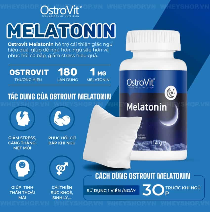 Ostrovit Melatonin hỗ trợ cải thiện giấc ngủ hiệu quả, giúp dễ ngủ hơn, ngủ sâu hơn và phục hồi cơ bắp, giảm stress hiệu quả.