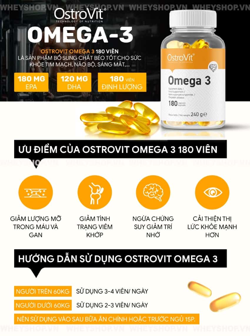 Ostrovit omega 3 180 viên là sản phẩm bổ sung chất béo tốt cho sức khỏe tim mạch, não bộ, sáng mắt,... Ostrovit omega 3 180 viên nhập khẩu chất lượng, giá rẻ tốt nhất Hà Nội TpHCM