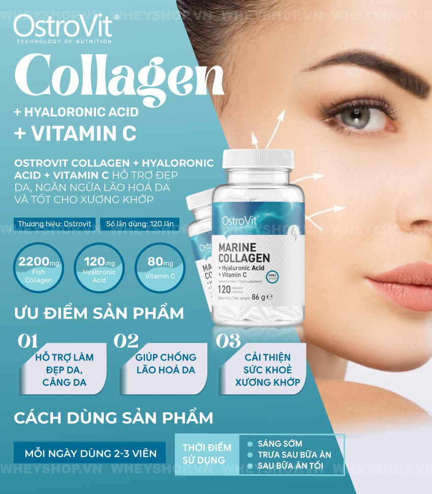 Ostrovit Collagen + Hyaloronic Acid + Vitamin C hỗ trợ đẹp da, ngăn ngừa lão hoá da và tốt cho xương khớp. Sản phẩm nhập khẩu, cam kết giá rẻ tốt nhất Hà Nội TpHCM