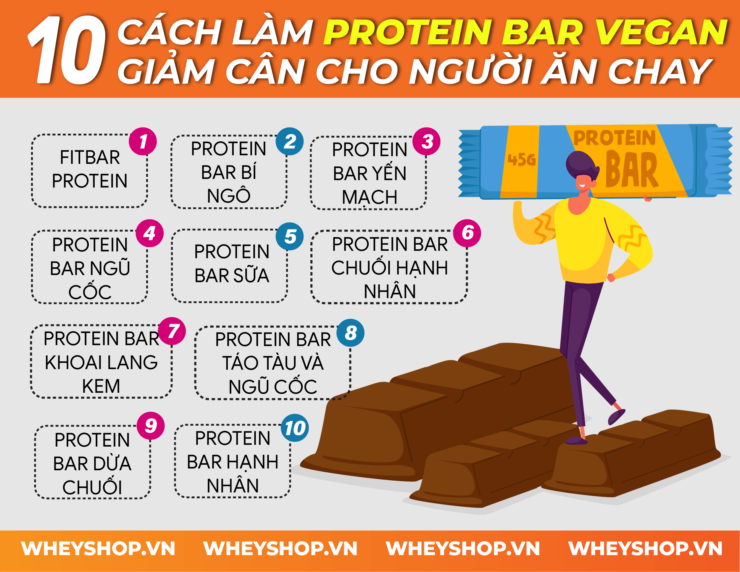 Nếu bạn đang băn khoăn tìm cách chế biến Protein Bar Vegan thì hãy cùng WheyShop tham khảo ngay 10 cách làm Protein Bar Vegan đơn giản hiệu quả...