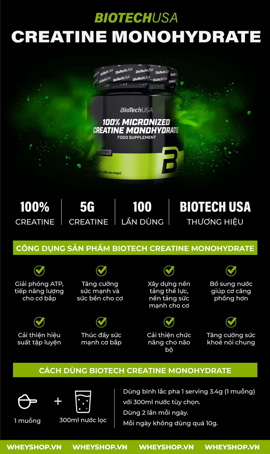 Biotech Creatine Monohydrate 300g hỗ trợ tăng sức mạnh, cơ bắp hiệu quả, giá rẻ. Sản phẩm nhập khẩu chính hãng tốt nhất tại Hà Nội TpHCM...