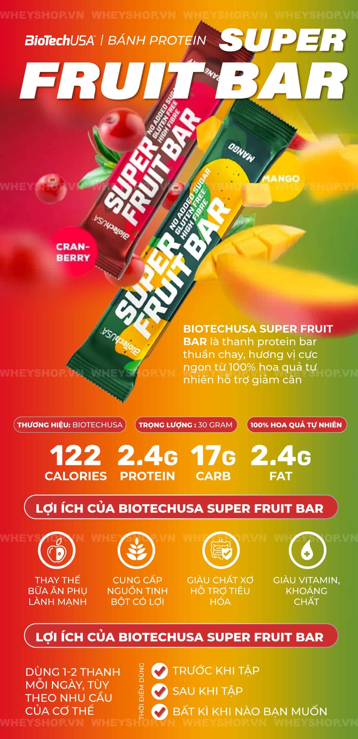 BiotechUSA Super Fruit Bar là thanh protein bar thuần chay, hương vị cực ngon từ 100% hoa quả tự nhiên hỗ trợ giảm cân. Sản phẩm nhập khẩu, giá rẻ tốt nhất Hà Nội TpHCM