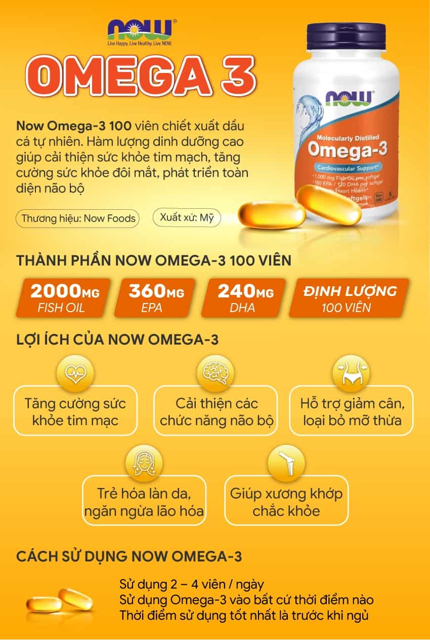 Now Omega 3 100 viên là sản phẩm bổ sung chất béo tốt thiết yếu có lợi cho sức khỏe. Now Omega 3 100 viên giá rẻ, chính hãng, cam kết chất lượng, hiệu quả...