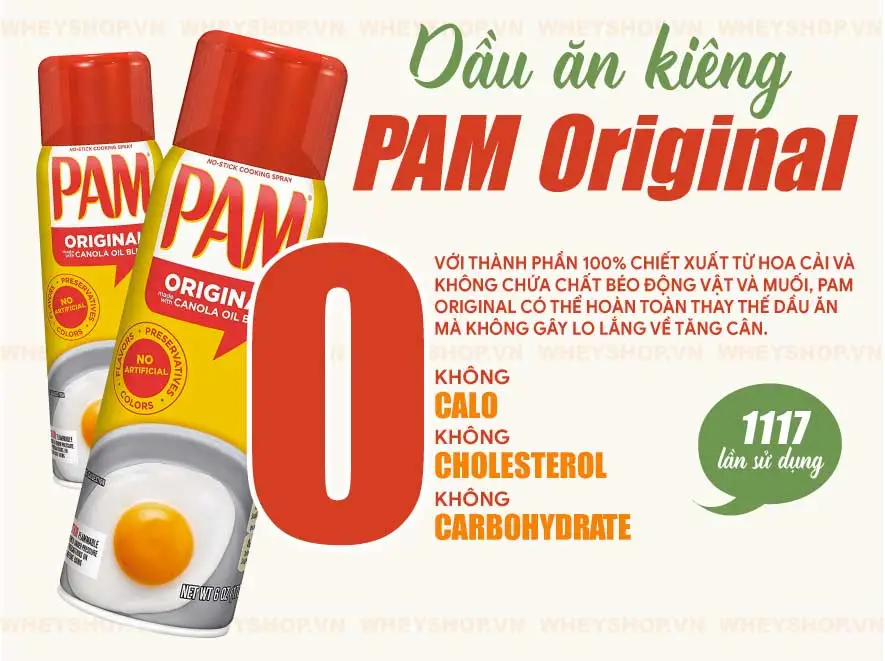 Dầu ăn kiêng PAM Original 12 oz - giải pháp thông minh cung cấp dầu ăn lành mạnh, hỗ trợ quá trình ăn kiêng và có lợi cho sức khỏe người dùng. Nhập khẩu chính...