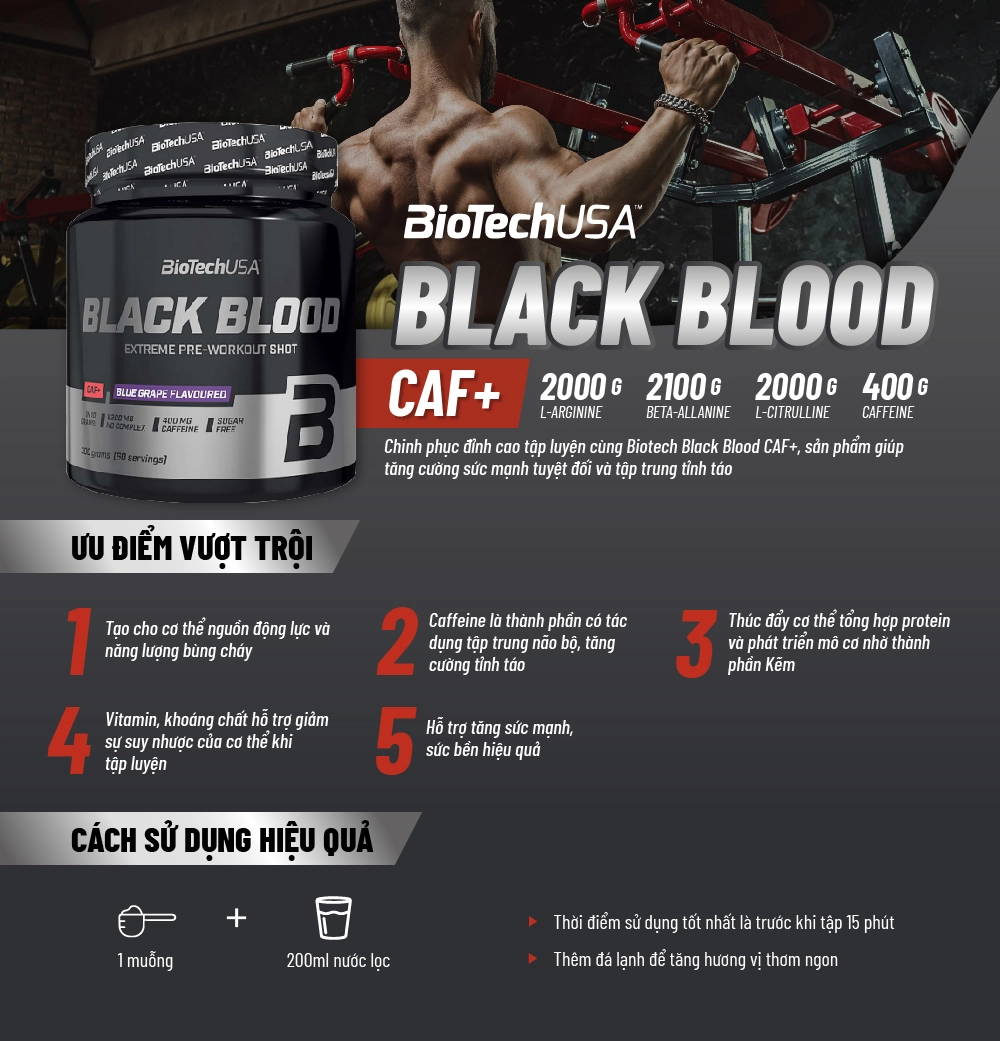 Biotech Black Blood CAF+ rầm rộ trên thị trường TPBS gần đây, khiến cộng đồng gymer tò mò, mong muốn được review đánh giá Biotech Black Blood CAF+. WheyShop đã tìm